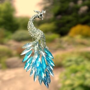 Teal And Clear Rhinestone Peacock Brooch